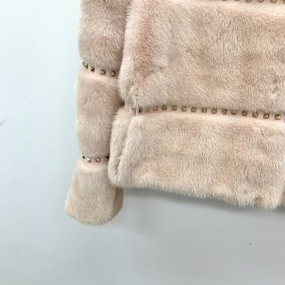 IW0890 Valentino Valentino Beige Studded Cow Leather Mink Fur Jacket Size 42 Sli - Picture 4 of 9